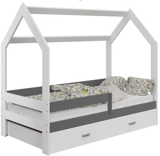 eoshop Detská posteľ Domček 80x160 cm D3, rošt ZADARMO - biela, zábrana: sivá, úlož. jednoducho: biela, matracu: bez matraca